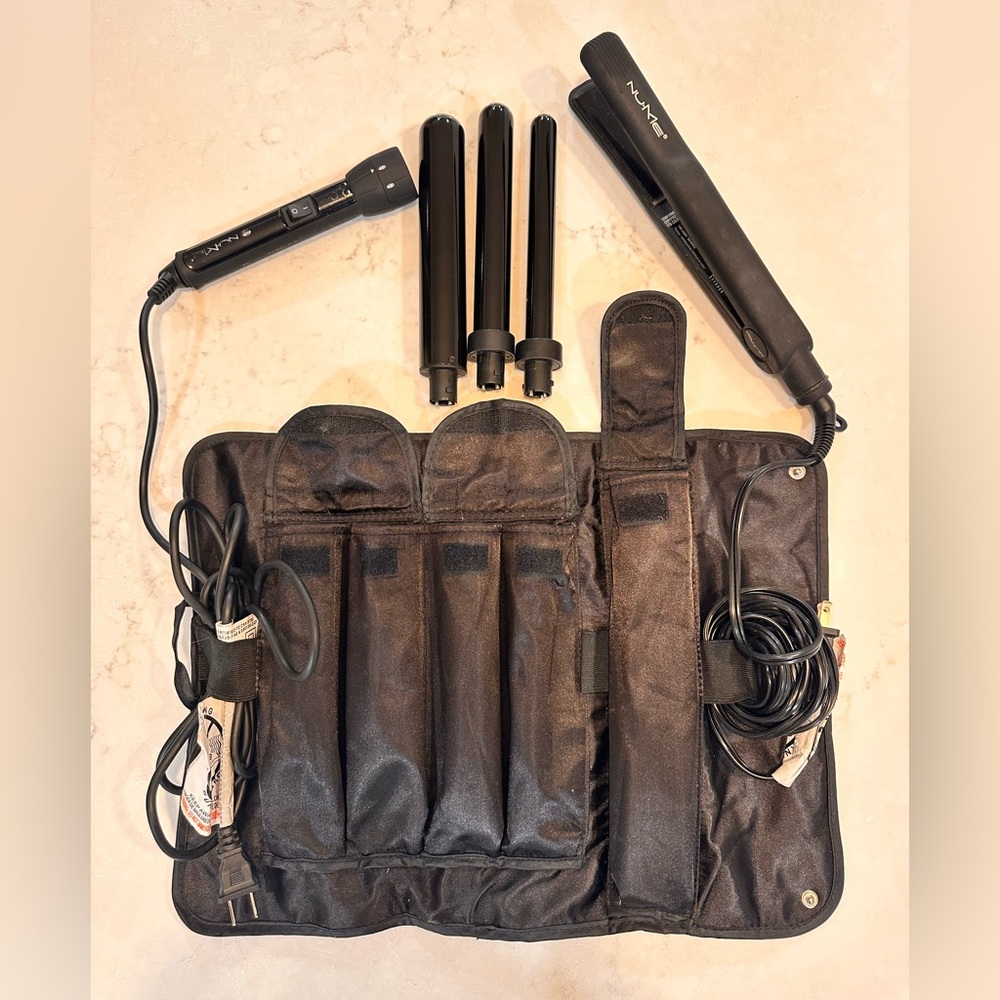 NuMe interchangeable curling wands and hair straightener set with travel bag.